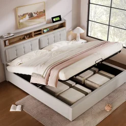 Redom Lit 160x200 cm avec tête de lit réglable et rangement intégré, tapissé lin beige, prise USB/Type-C* Lit Avec Rangement