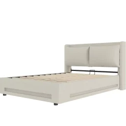 Redom Lit 140x200 cm avec tête de lit fonctionnelle et rangement hydraulique, tapissé lin beige avec LED d'ambiance* Lit Avec Rangement