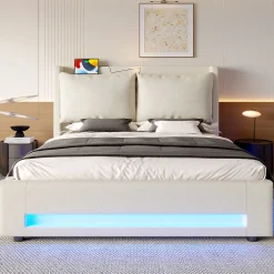 Redom Lit 140x200 cm avec tête de lit fonctionnelle et rangement hydraulique, tapissé lin beige avec LED d'ambiance* Lit Avec Rangement