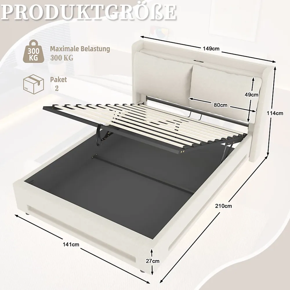 Redom Lit 140x200 cm avec tête de lit fonctionnelle et rangement hydraulique, tapissé lin beige avec LED d'ambiance* Lit Avec Rangement