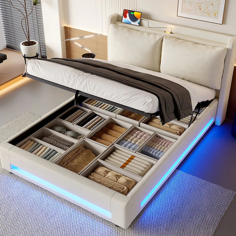 Redom Lit 140x200 cm avec tête de lit fonctionnelle et rangement hydraulique, tapissé lin beige avec LED d'ambiance* Lit Avec Rangement
