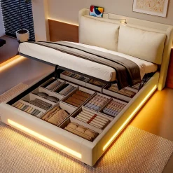 Redom Lit 140x200 cm avec tête de lit fonctionnelle et rangement hydraulique, tapissé lin beige avec LED d'ambiance* Lit Avec Rangement