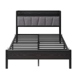 Redom Lit 140x190 cm avec tête de lit rembourrée, cadre métal noir, éclairage LED intégré et rangement* Lit Double