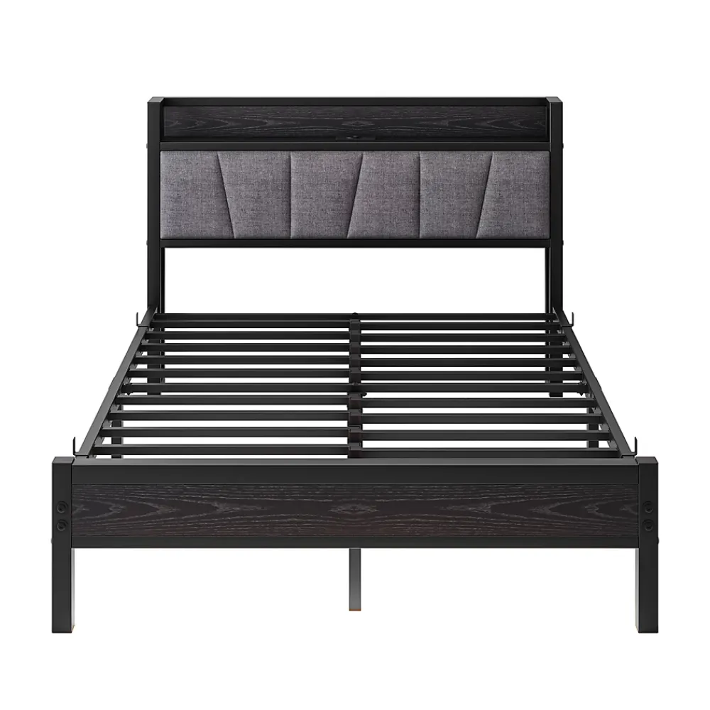 Redom Lit 140x190 cm avec tête de lit rembourrée, cadre métal noir, éclairage LED intégré et rangement* Lit Double