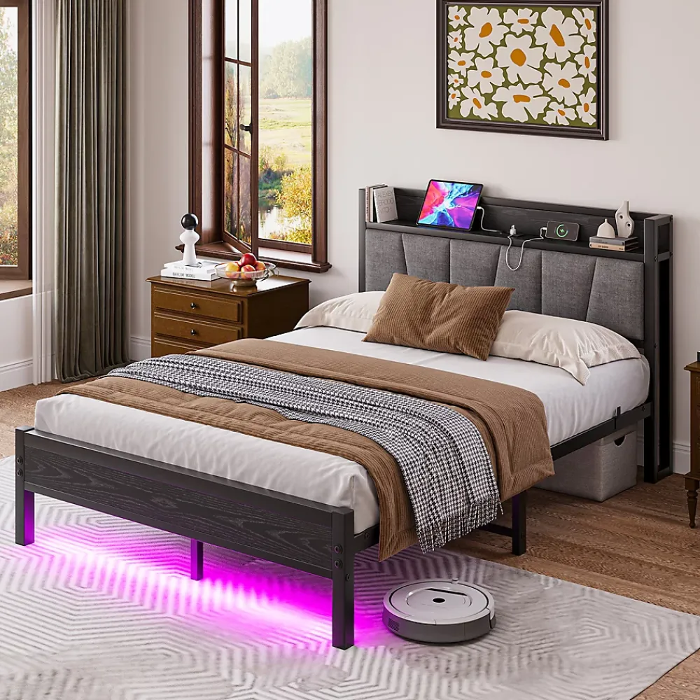 Redom Lit 140x190 cm avec tête de lit rembourrée, cadre métal noir, éclairage LED intégré et rangement* Lit Double
