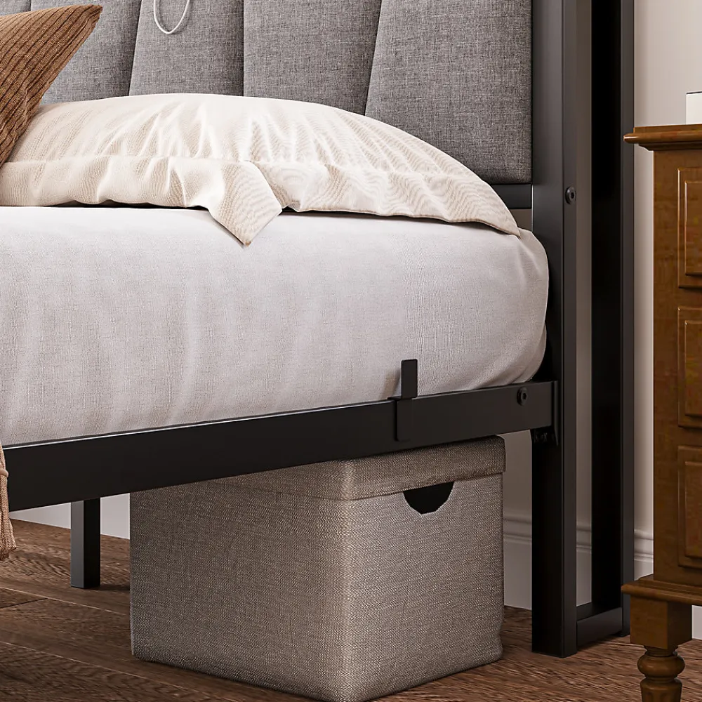 Redom Lit 140x190 cm avec tête de lit rembourrée, cadre métal noir, éclairage LED intégré et rangement* Lit Double