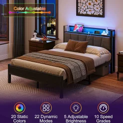 Redom Lit 140x190 cm avec tête de lit rembourrée, cadre métal noir, éclairage LED intégré et rangement* Lit Double