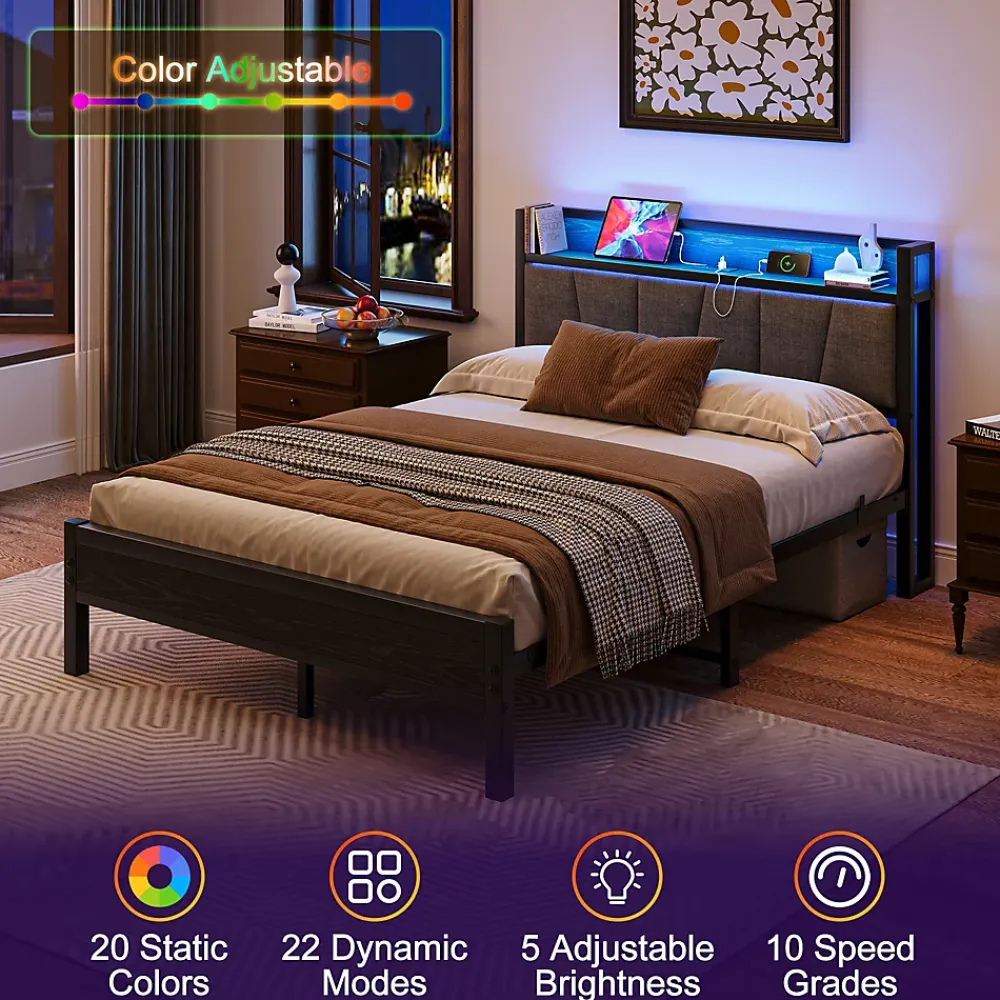 Redom Lit 140x190 cm avec tête de lit rembourrée, cadre métal noir, éclairage LED intégré et rangement* Lit Double