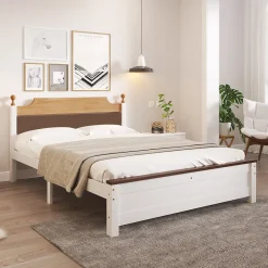 Redom Lit 140x200 cm avec tête de lit colorée blanc/naturel/marron, cadre en pin massif et pieds boules* Lit Double