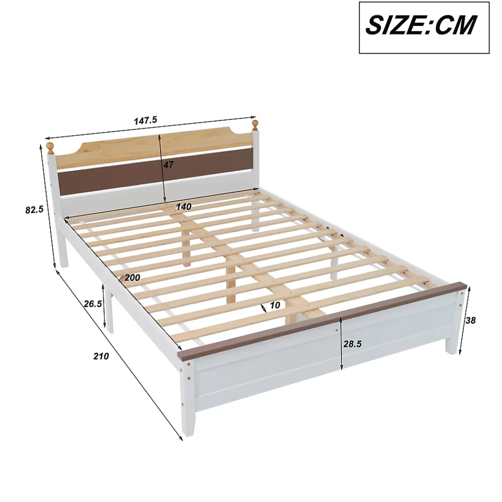 Redom Lit 140x200 cm avec tête de lit colorée blanc/naturel/marron, cadre en pin massif et pieds boules* Lit Double