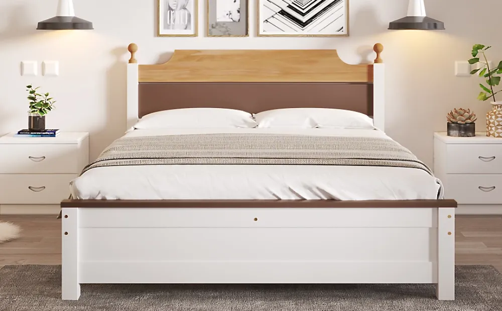 Redom Lit 140x200 cm avec tête de lit colorée blanc/naturel/marron, cadre en pin massif et pieds boules* Lit Double