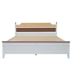 Redom Lit 140x200 cm avec tête de lit colorée blanc/naturel/marron, cadre en pin massif et pieds boules* Lit Double