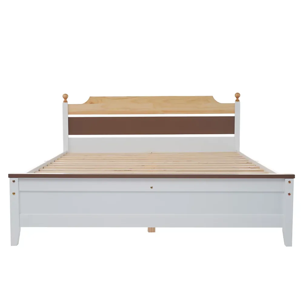 Redom Lit 140x200 cm avec tête de lit colorée blanc/naturel/marron, cadre en pin massif et pieds boules* Lit Double