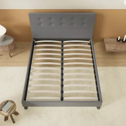 Lit 160x200 Cm Avec Tête De Lit Boutonnée Simili Gris><noscript><img width=