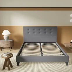 Lit 160x200 Cm Avec Tête De Lit Boutonnée Simili Gris><noscript><img width=