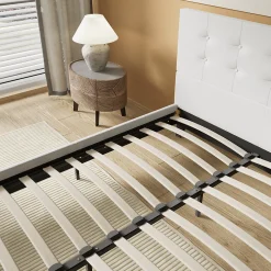 Lit 140x190 Cm Avec Tête De Lit Boutonnée Simili Blanc><noscript><img width=