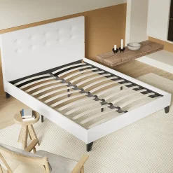 Lit 140x190 Cm Avec Tête De Lit Boutonnée Simili Blanc><noscript><img width=