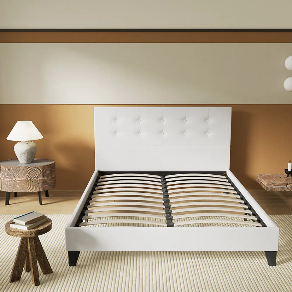 Lit 140x190 Cm Avec Tête De Lit Boutonnée Simili Blanc>November