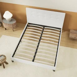 Lit 140x190 Cm Avec Tête De Lit Boutonnée Simili Blanc><noscript><img width=