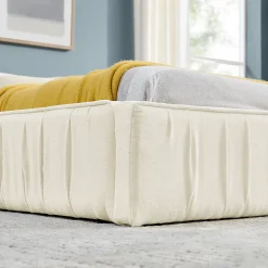 Redom Lit 160x200 cm avec tête de lit plissée en chenille beige et cadre métal sur bois d'eucalyptus* Lit Double
