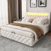 Lit 160x200 cm avec tête de lit rembourrée, coffre de rangement intégré et éclairage LED, revêtement PU blanc>Redom Best