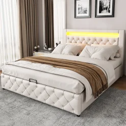 Lit 160x200 cm avec tête de lit rembourrée, coffre de rangement intégré et éclairage LED, revêtement PU blanc>Redom Best