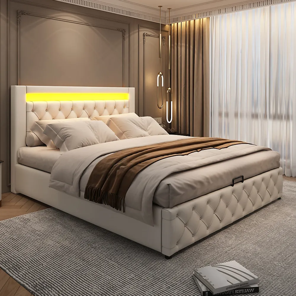 Lit 160x200 cm avec tête de lit rembourrée, coffre de rangement intégré et éclairage LED, revêtement PU blanc>Redom Best