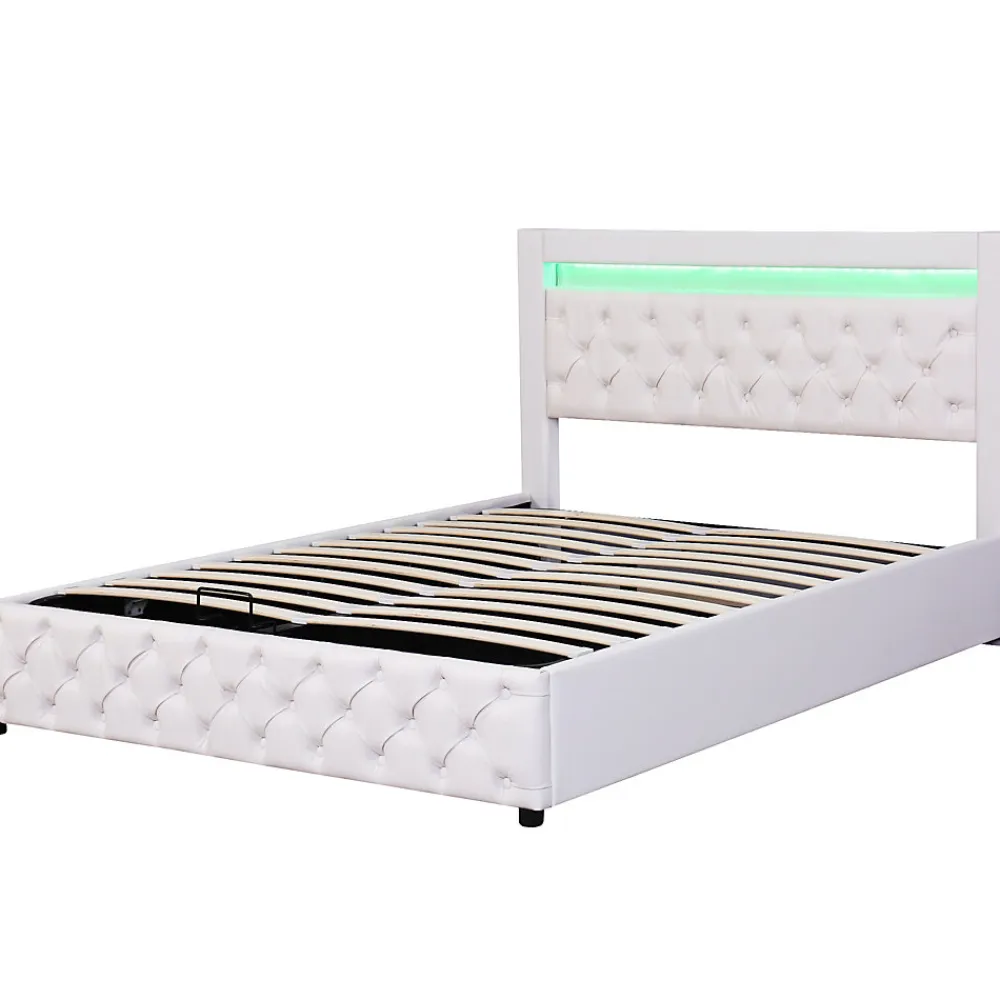 Lit 160x200 cm avec tête de lit rembourrée, coffre de rangement intégré et éclairage LED, revêtement PU blanc>Redom Best