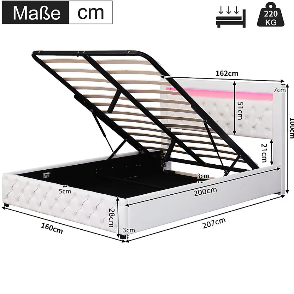 Lit 160x200 cm avec tête de lit rembourrée, coffre de rangement intégré et éclairage LED, revêtement PU blanc>Redom Best