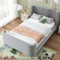 Lit 90x200 cm avec tête de lit rembourrée, design luge en velours gris et structure bois-métal>Redom Best