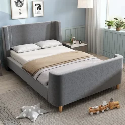 Lit 90x200 cm avec tête de lit rembourrée, design luge en velours gris et structure bois-métal>Redom Best