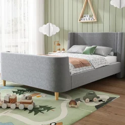 Lit 90x200 cm avec tête de lit rembourrée, design luge en velours gris et structure bois-métal><noscript><img width=