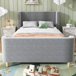 Lit 90x200 cm avec tête de lit rembourrée, design luge en velours gris et structure bois-métal><noscript><img width=