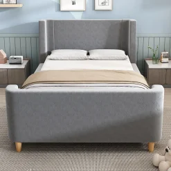Lit 90x200 cm avec tête de lit rembourrée, design luge en velours gris et structure bois-métal><noscript><img width=