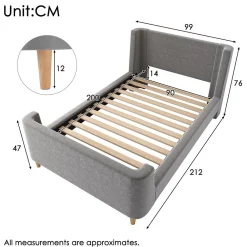 Lit 90x200 cm avec tête de lit rembourrée, design luge en velours gris et structure bois-métal><noscript><img width=