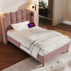 Lit 90x200 cm avec tête de lit à panneaux, tapissé velours rose et station de charge USB-C intégrée>Redom Hot