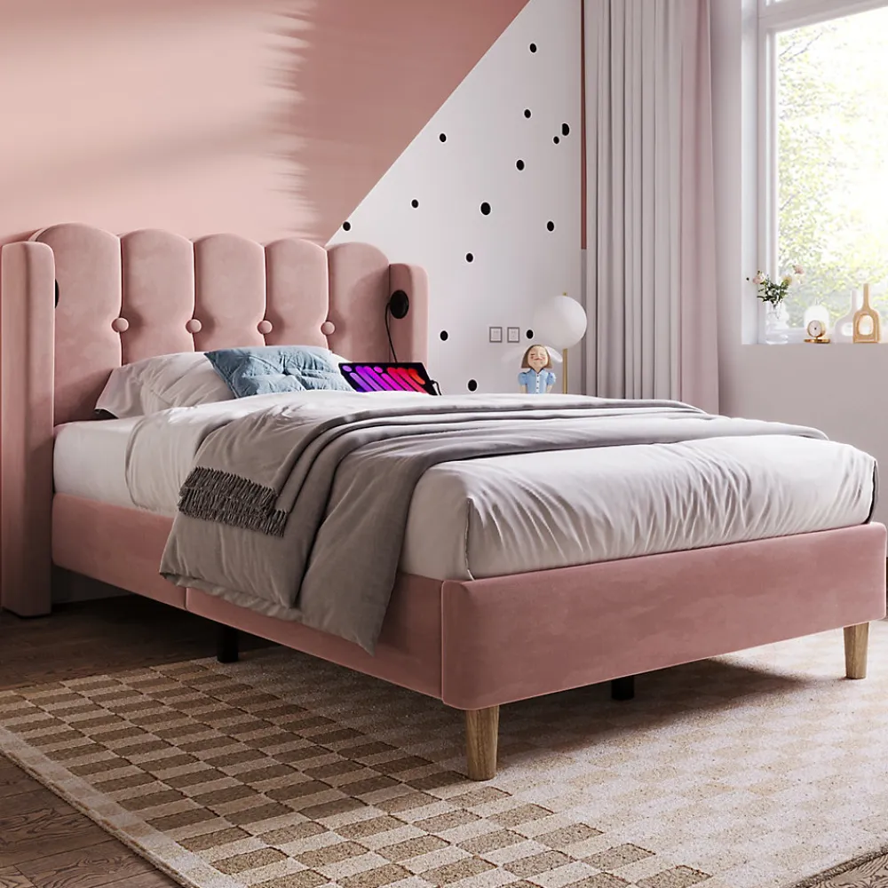 Lit 90x200 cm avec tête de lit à panneaux, tapissé velours rose et station de charge USB-C intégrée>Redom Hot