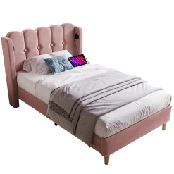 Lit 90x200 cm avec tête de lit à panneaux, tapissé velours rose et station de charge USB-C intégrée><noscript><img width=