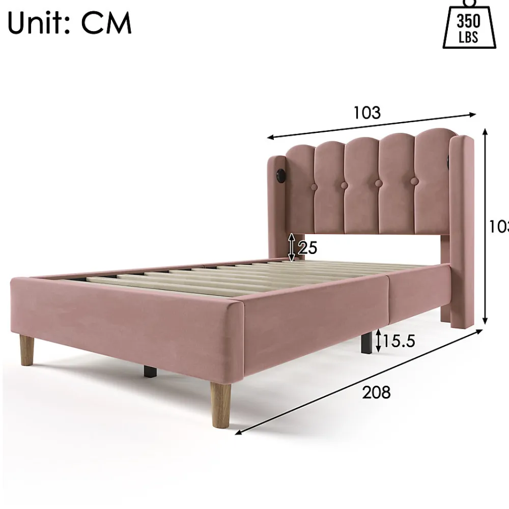 Lit 90x200 cm avec tête de lit à panneaux, tapissé velours rose et station de charge USB-C intégrée>Redom Hot
