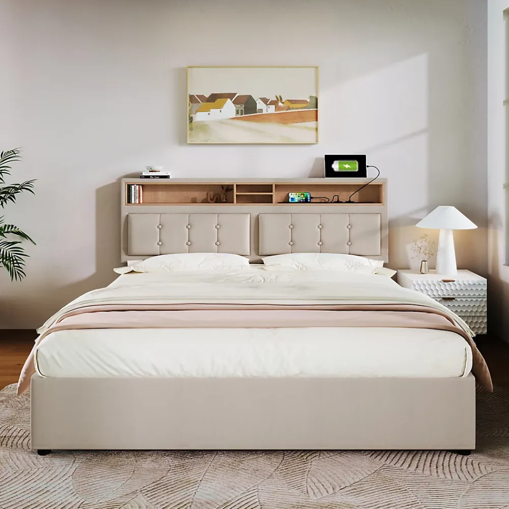 Redom Lit 140x200 cm avec tête de lit réglable et station de charge intégrée, tapissé lin beige, grand rangement* Lit Avec Rangement