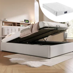 Redom Lit 140x200 cm avec tête de lit réglable et station de charge intégrée, tapissé lin beige, grand rangement* Lit Avec Rangement