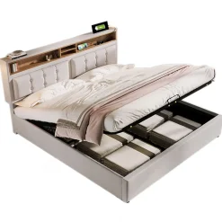 Redom Lit 140x200 cm avec tête de lit réglable et station de charge intégrée, tapissé lin beige, grand rangement* Lit Avec Rangement