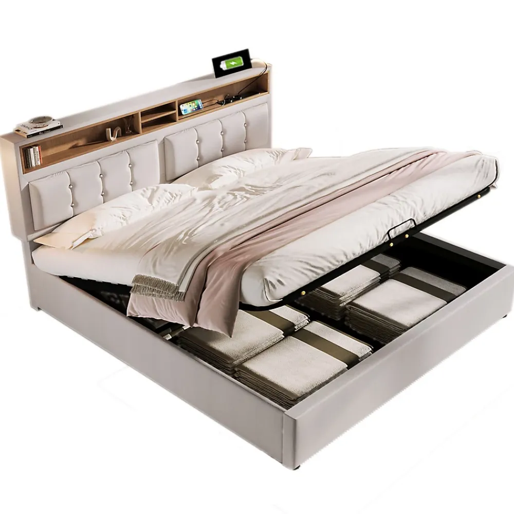 Redom Lit 140x200 cm avec tête de lit réglable et station de charge intégrée, tapissé lin beige, grand rangement* Lit Avec Rangement