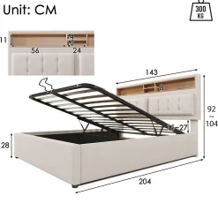 Redom Lit 140x200 cm avec tête de lit réglable et station de charge intégrée, tapissé lin beige, grand rangement* Lit Avec Rangement