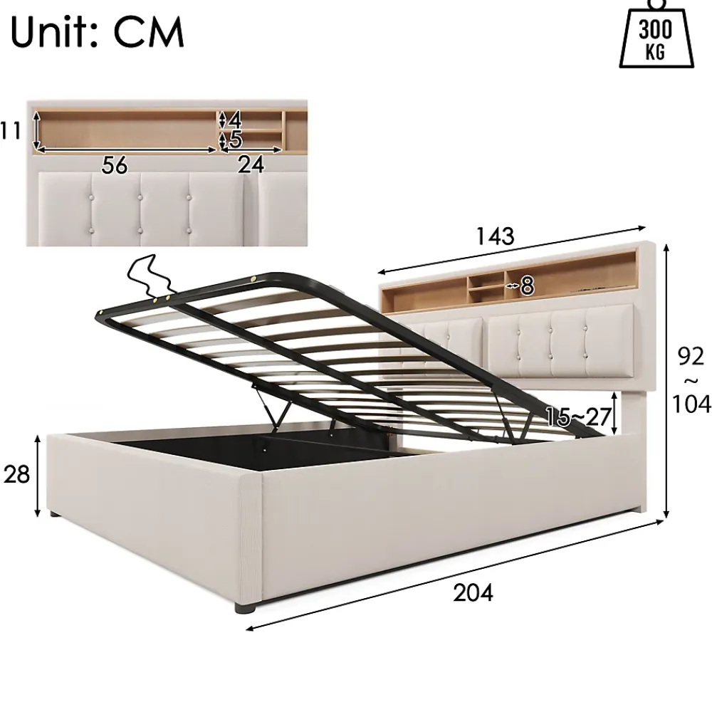 Redom Lit 140x200 cm avec tête de lit réglable et station de charge intégrée, tapissé lin beige, grand rangement* Lit Avec Rangement