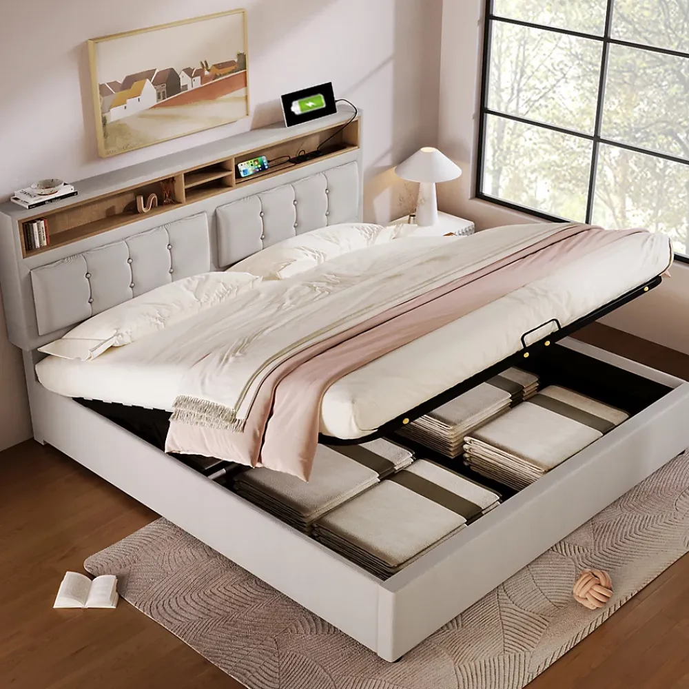 Redom Lit 140x200 cm avec tête de lit réglable et station de charge intégrée, tapissé lin beige, grand rangement* Lit Avec Rangement
