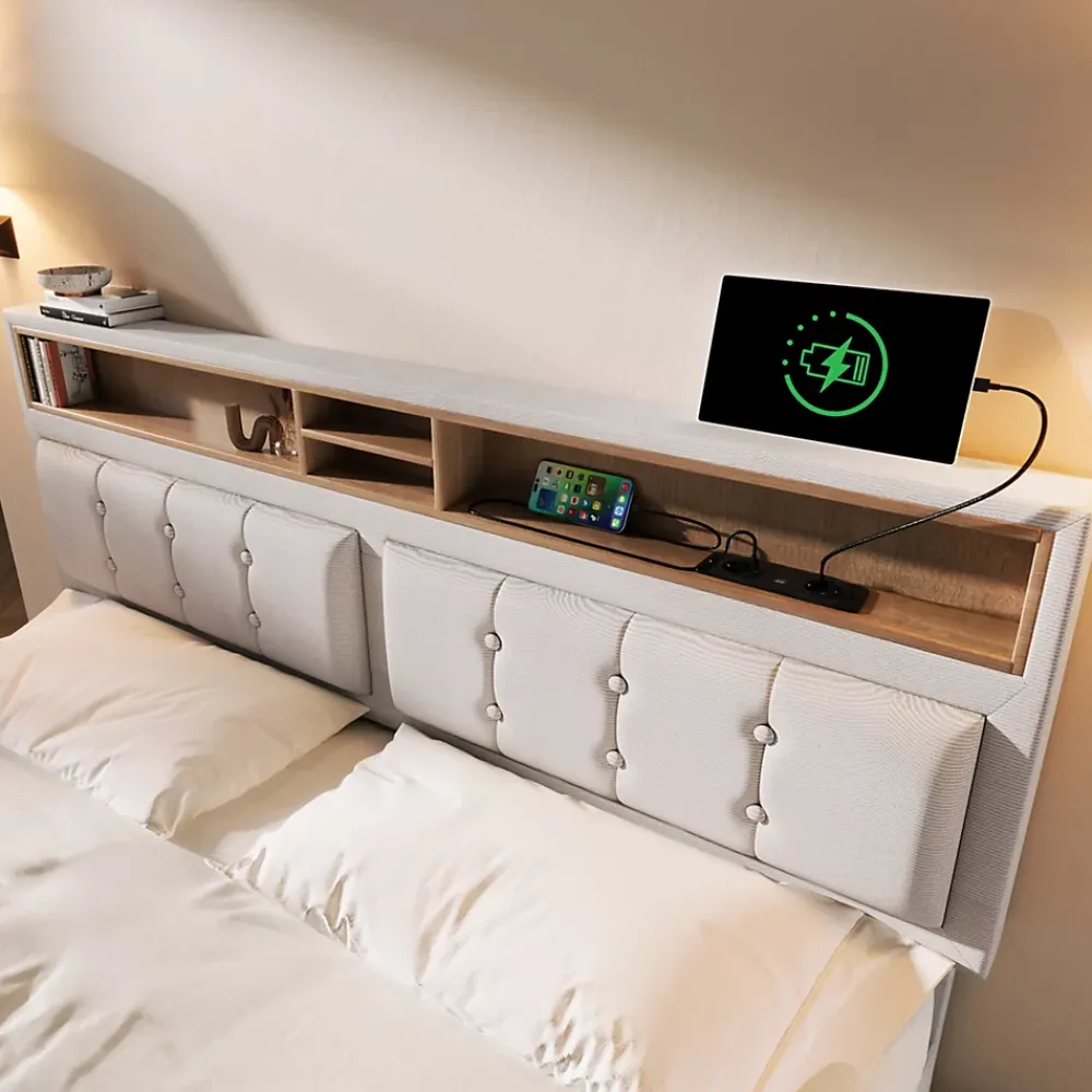 Redom Lit 140x200 cm avec tête de lit réglable et station de charge intégrée, tapissé lin beige, grand rangement* Lit Avec Rangement
