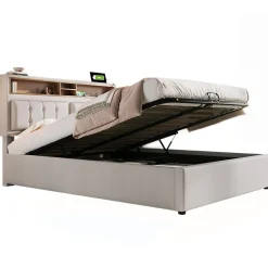 Redom Lit 140x200 cm avec tête de lit réglable et station de charge intégrée, tapissé lin beige, grand rangement* Lit Avec Rangement
