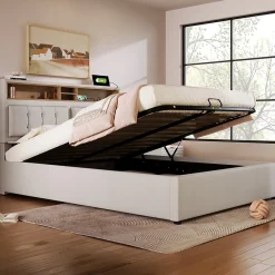 Redom Lit 140x200 cm avec tête de lit réglable et station de charge intégrée, tapissé lin beige, grand rangement* Lit Avec Rangement