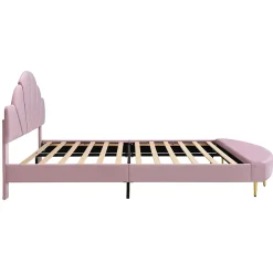 Redom Lit 140x200 cm avec tête de lit en velours rose et banc coordonné, bords anti-collision en mousse, cadre solide* Lit Double